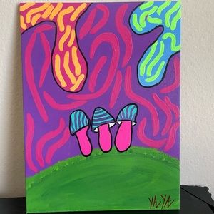 mushrooms and colorful background art.